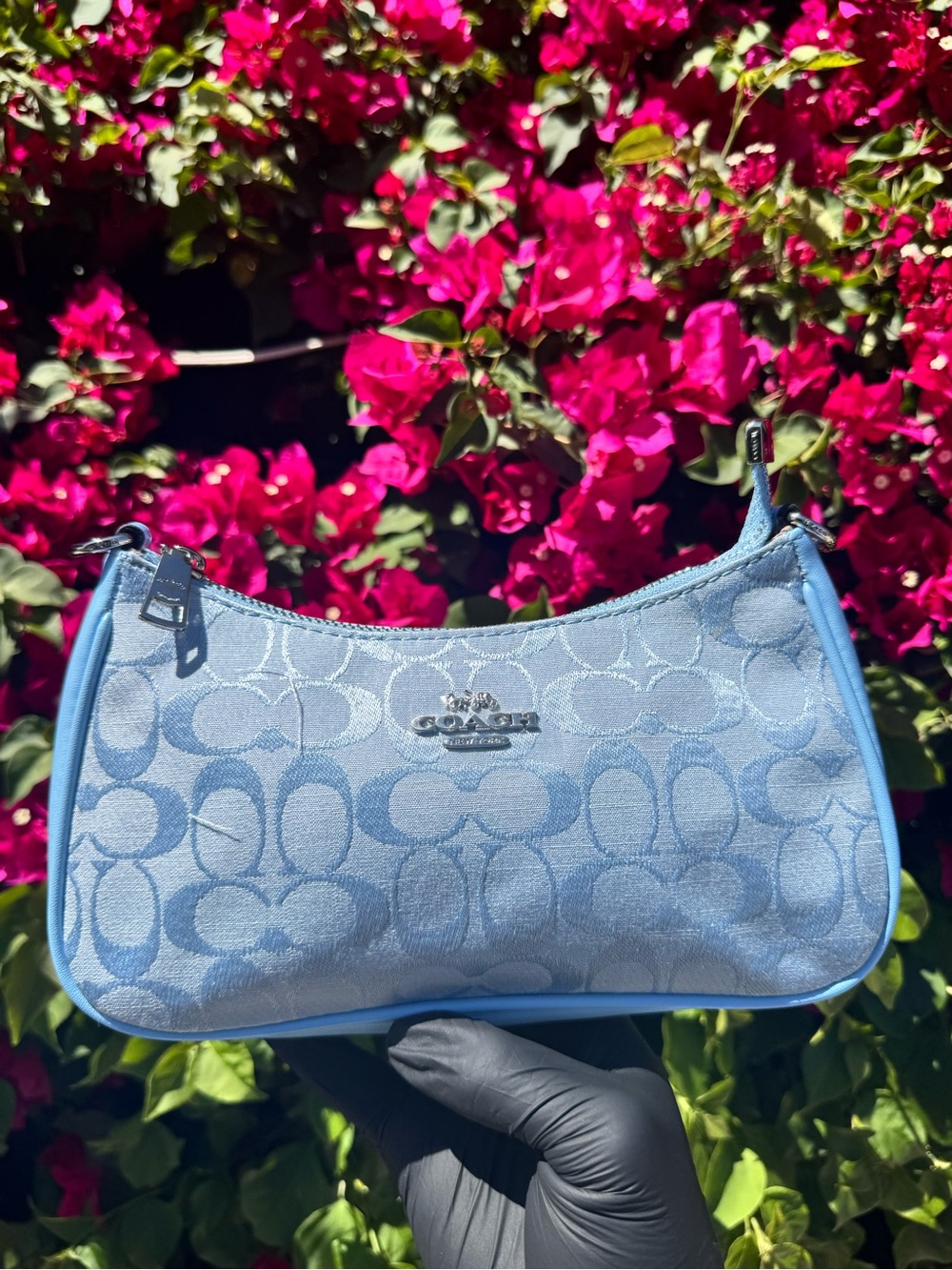 Coach Light Blue Mini Shoulder Bag with Signature Jacquard